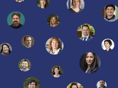 Solid blue background with a constellation of circles that have varying sizes. Each circle contains a headshot of a different person.