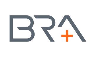 BR+A Logo. Modern all caps abstract letterforms in gray with an orange + symbol nested inside the A.