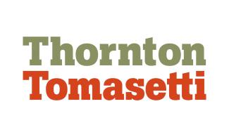 Thornton Tomasetti logo. Two lines of text set in a bold slab serif. Top line reads "Thornton" in olive green, second reads "Tomasetti" in red.