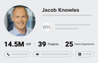 A screen representation shows a profile listing excerpt for Jacob Knowles including his headshot, the logo of his company, 14.5M GSF, 39 Projects, and 25 Years Experience