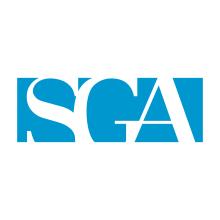 SGA logo featuring the letters cut into a blue rectangle