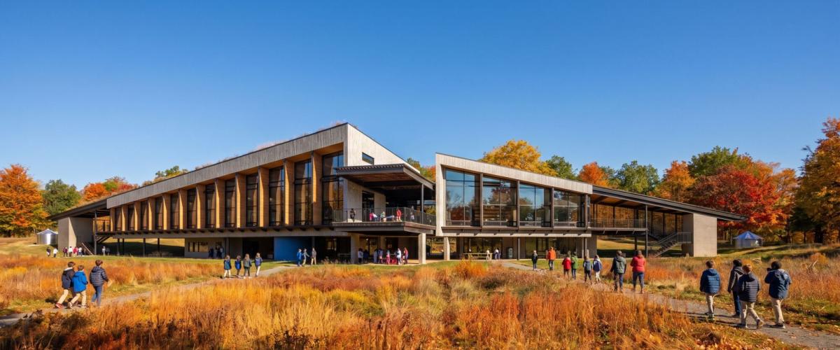 An architectural view of a long, modern structure featuring a mix of wood and glass, surrounded by a natural landscape with fall foliage.
