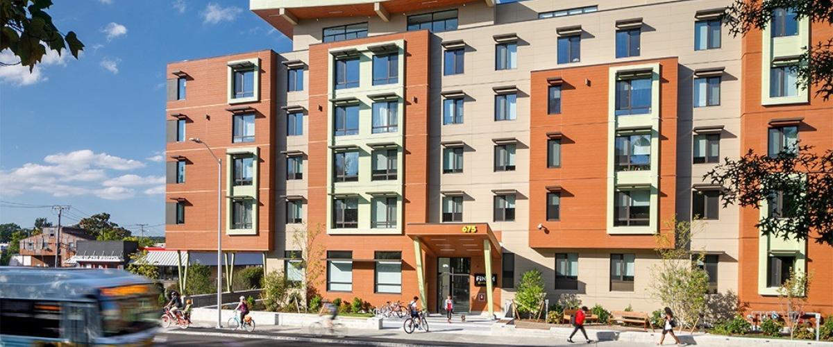 Exterior view of the 5 story residential building, Finch Cambridge