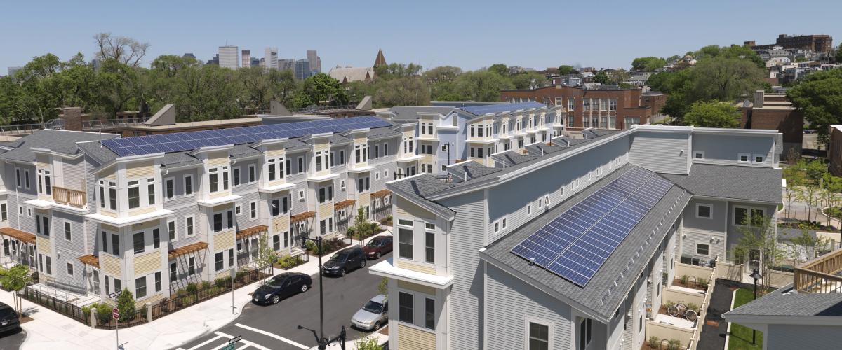 Aerial view of a newly-constructed neighborhood consisting of townhomes