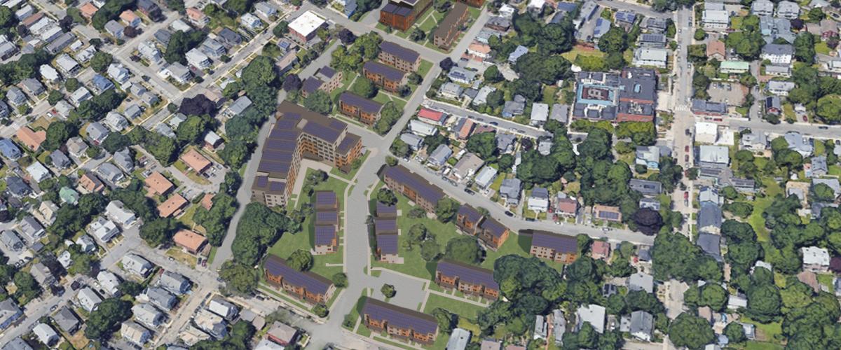 Aerial rendering of new buildings