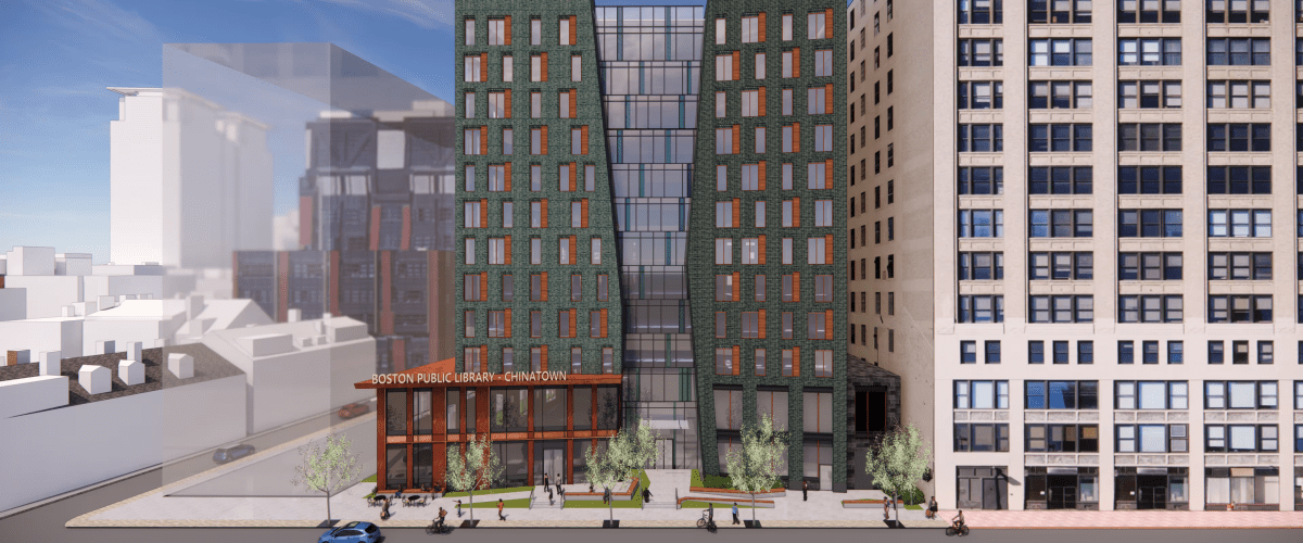 Rendering of the development at 55 Hudson Street, which will include both residential units and the Chinatown branch of the Boston public library.