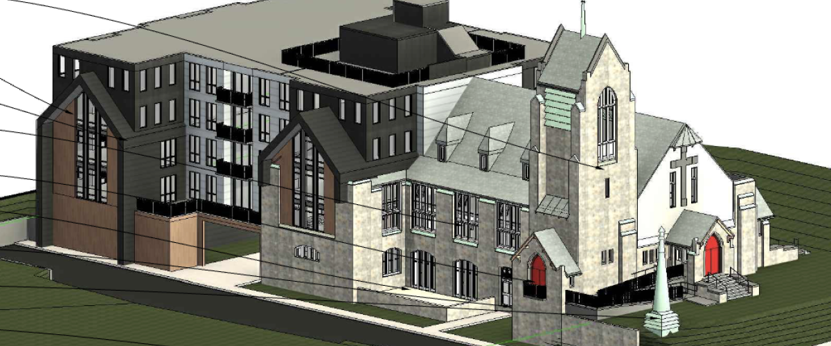Rendering of multifamily housing complex behind Washington Street Church
