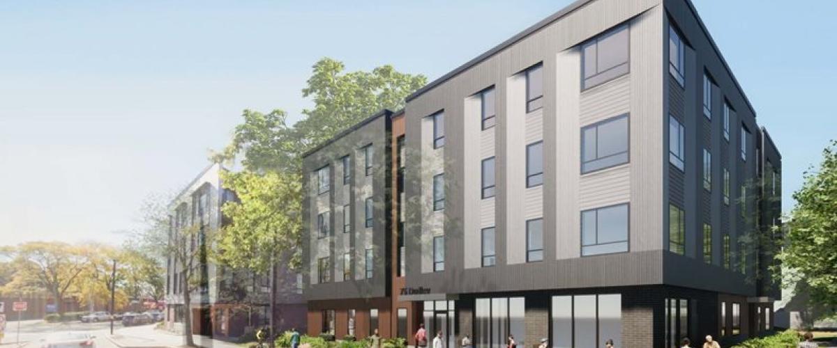 Render of the corner of 75 Dudley Street.