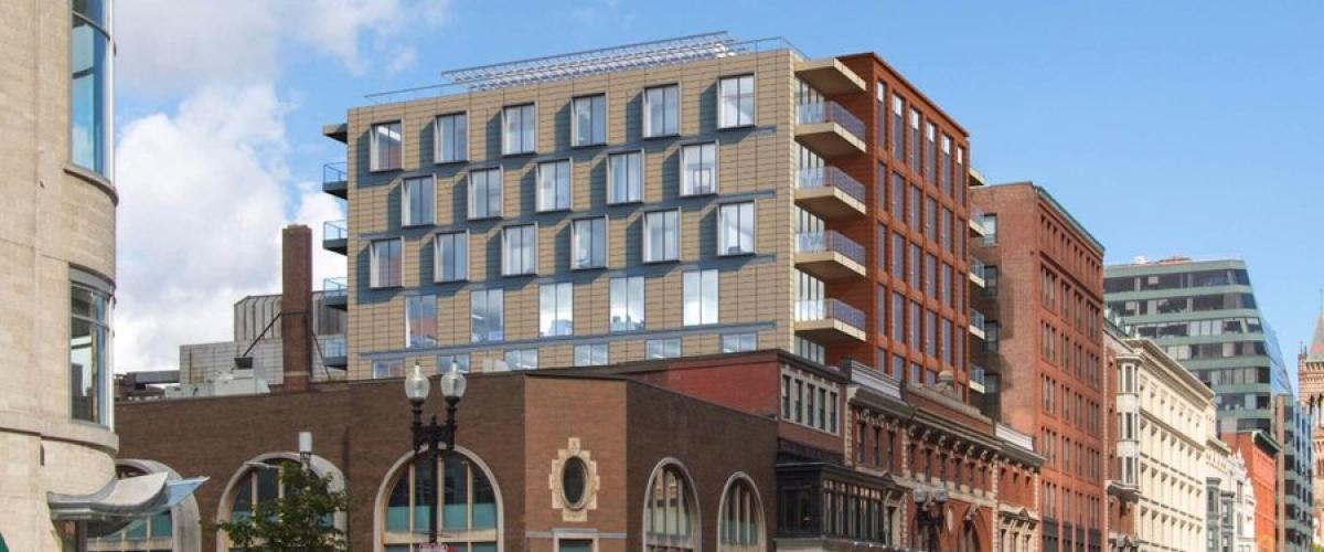 Rendering of the new residential building on top of residential buildings on Bolyston Street