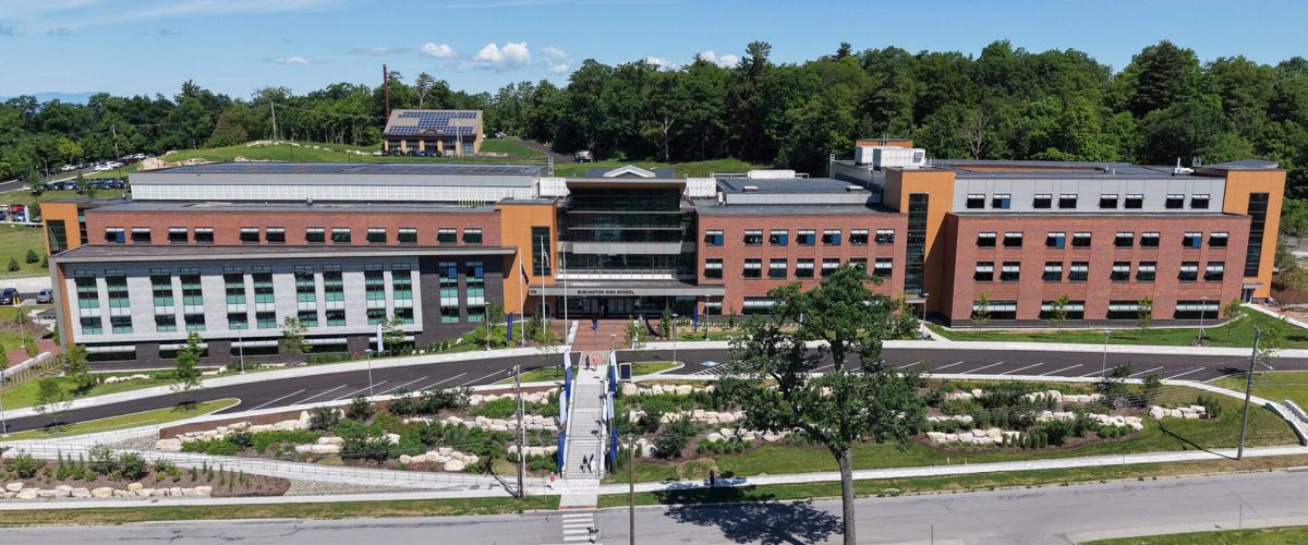 Aerial view of the front facade of Burlington High School (BHS)