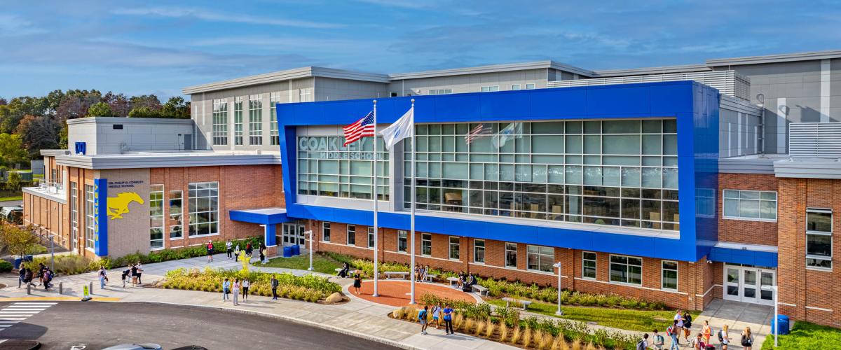 View of entryway to Coakley Middle School.
