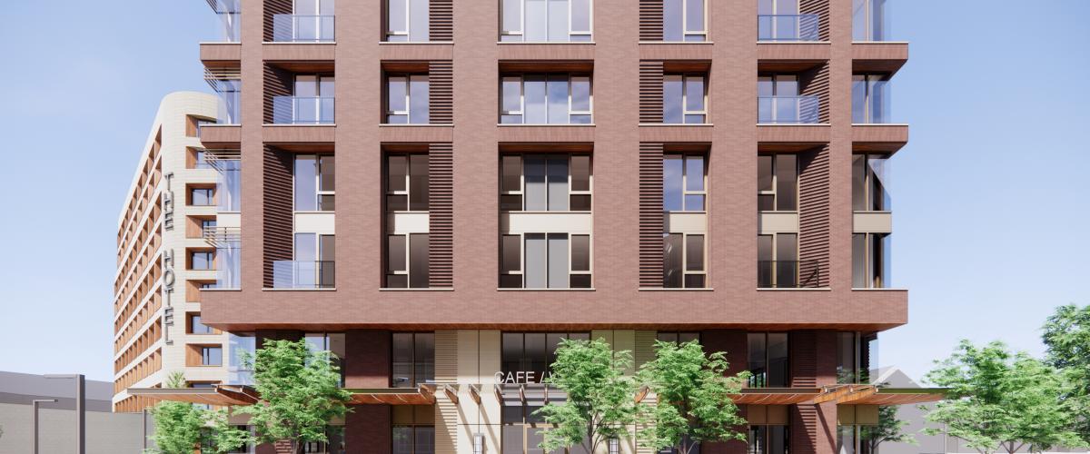 Digital rendering of The Coolidge Residence at Brookline residential tower from across the street