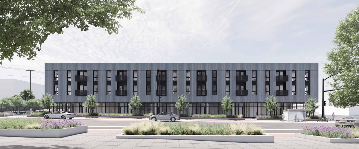 A rendering of a modern, three-story apartment building featuring gray vertical siding, multiple balconies, and large ground-floor windows.