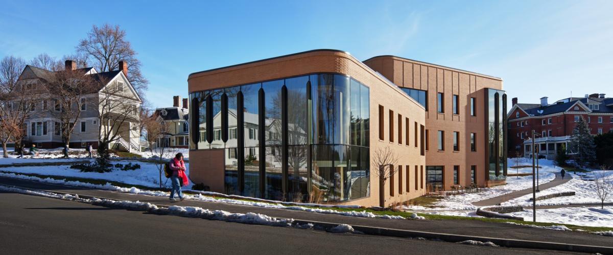 Streetview of Kathleen McCartney Hall at Smith College in the snow.