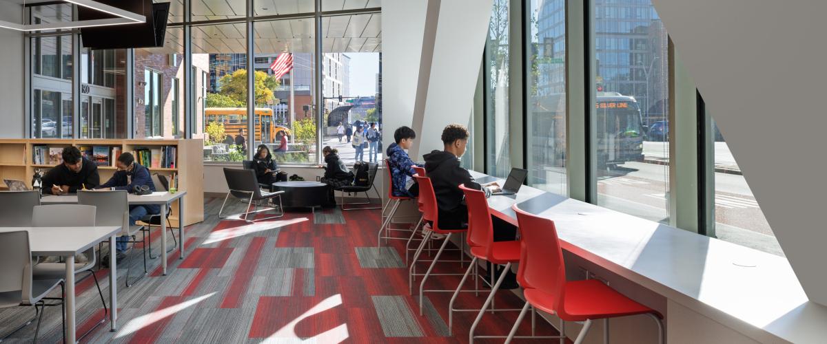 Students study in the ground floor media center