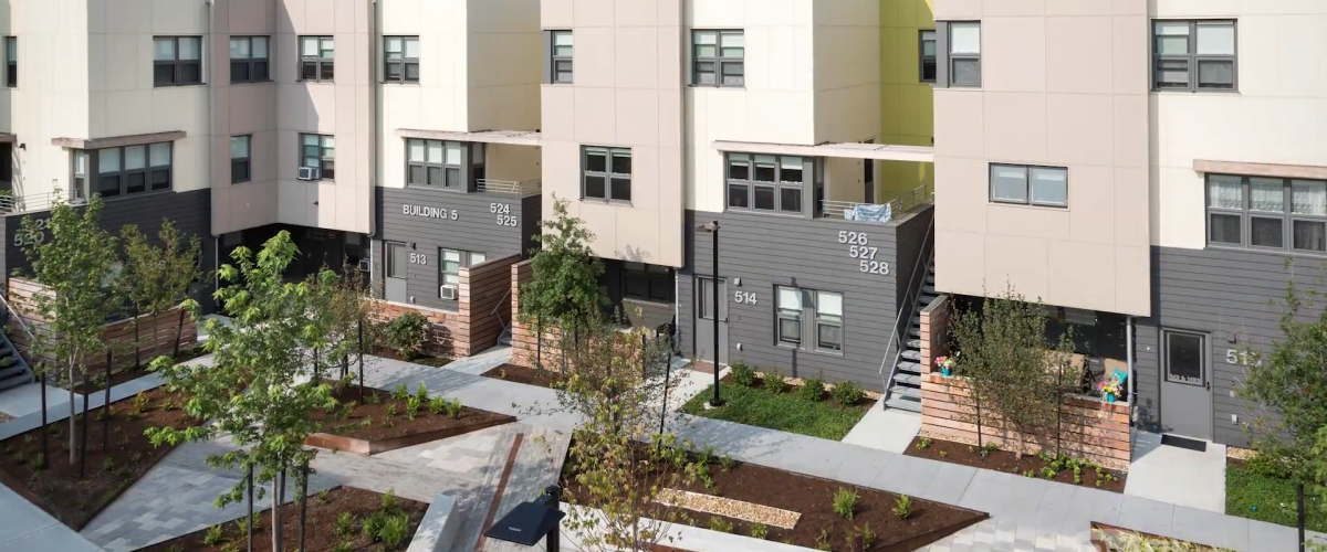 Drone shot of inner courtyard of Jefferson Park Federal housing project