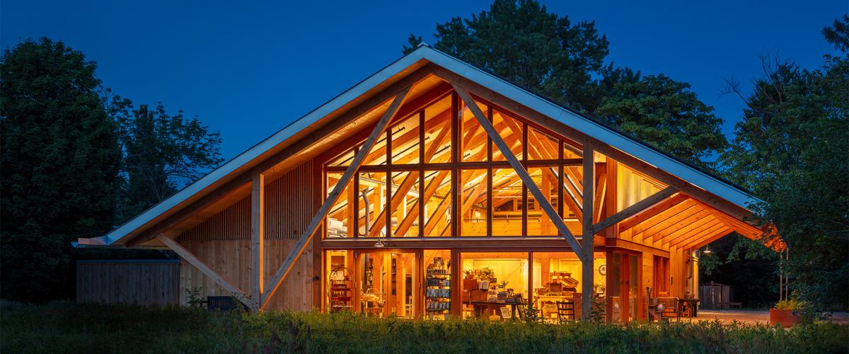 Land's Sake Farm stand at night