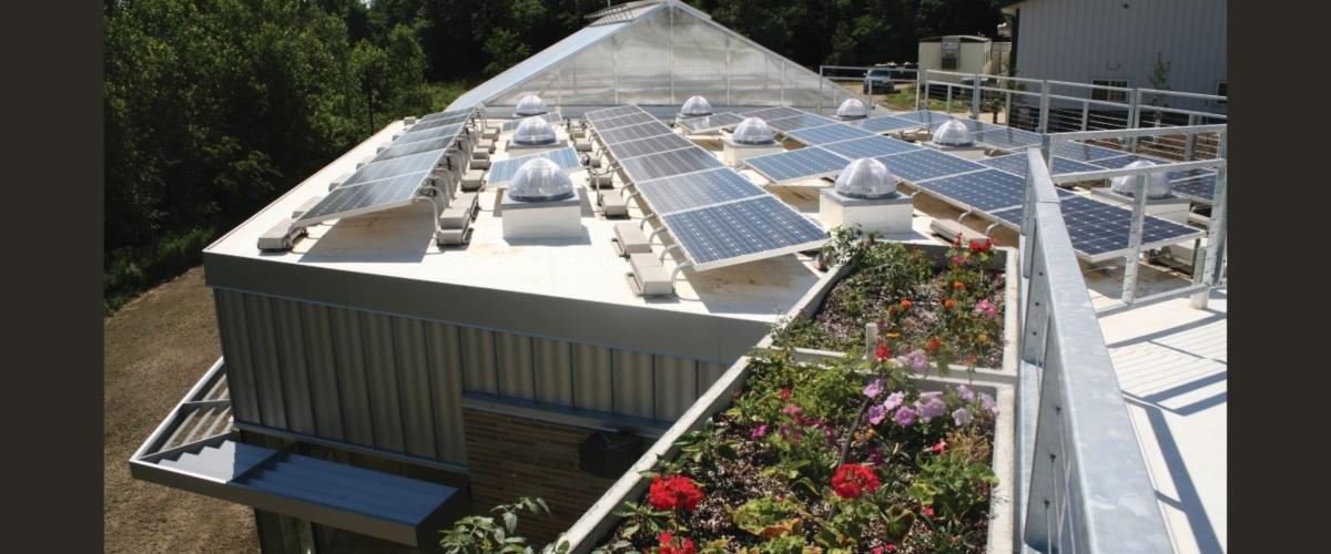 A flat rood featuring a array of solar panels, multiple solar tube skylights, and a built-in planter box for a green roof system.