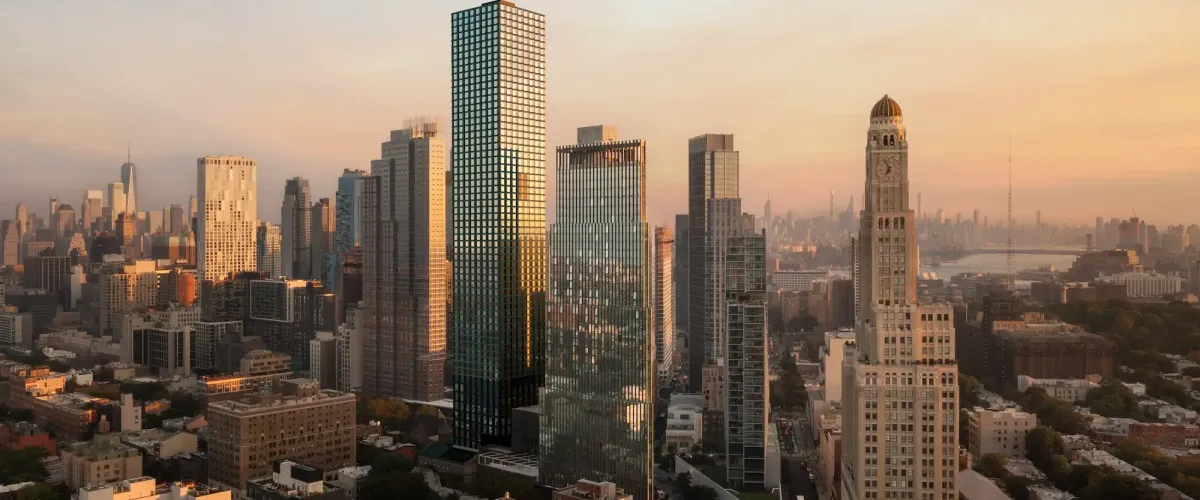 Aerial view of skyline including the rendering of the tower