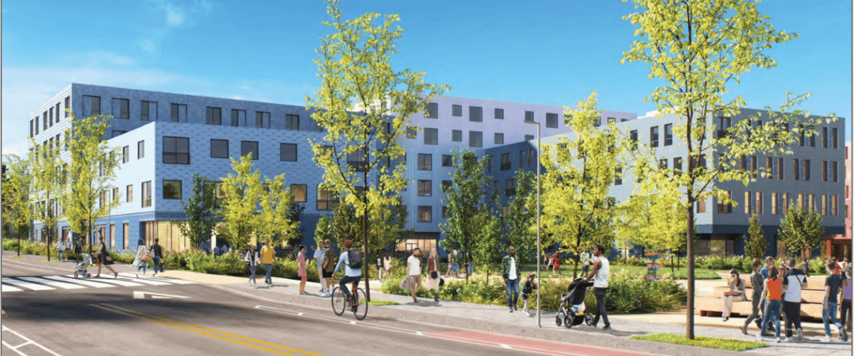 Modern mixed-use multifamily building rendering featuring high-performance passive house design, urban streetscape, and landscaped public spaces
