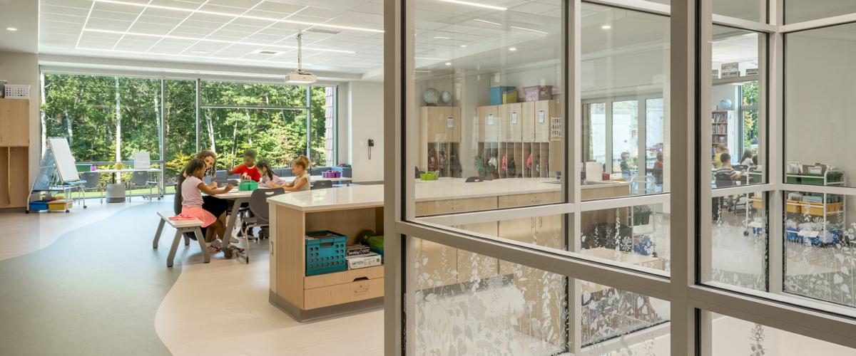 Interior classroom view featuring a sky well