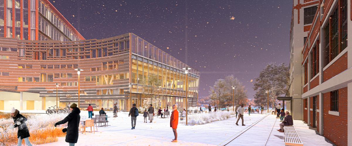 Rendering of the Roux Institute and Bean Building in the winter