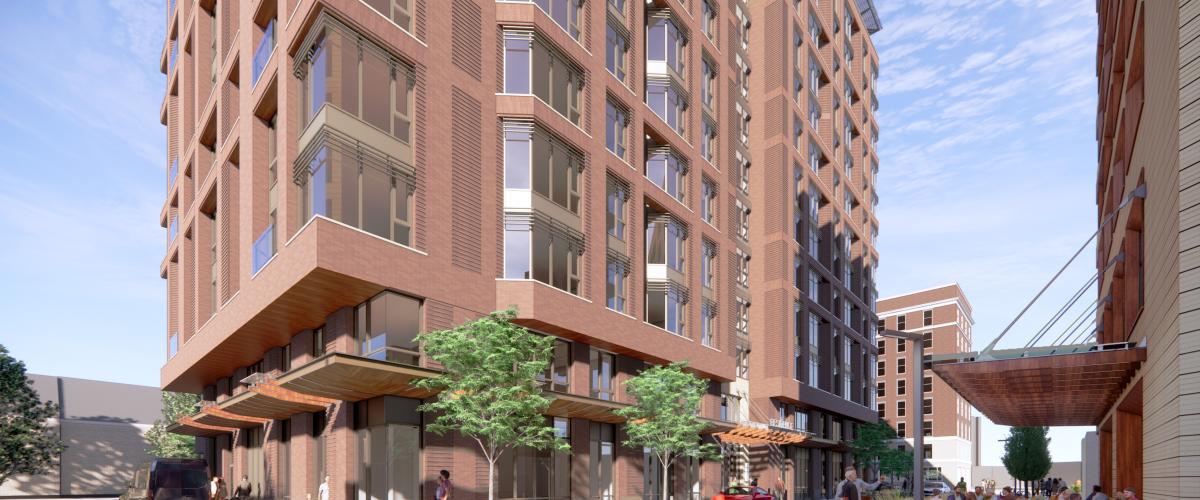 Digital rendering of The Coolidge Residence at Brookline residential tower from across the street