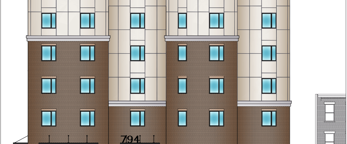 Architectural rendering of Clinton Square Studios, a six-story multifamily building in Albany, New York.