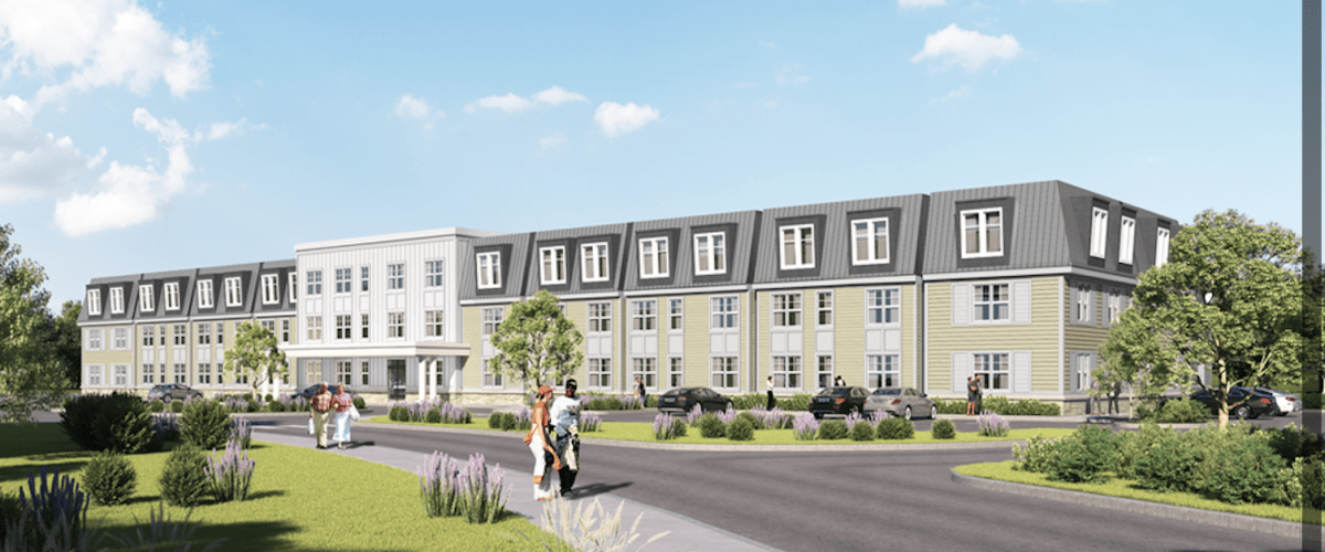 Architectural rendering of NEHD Danvers – The Riverbank, a three-story senior multifamily housing development in Danvers, Massachusetts.