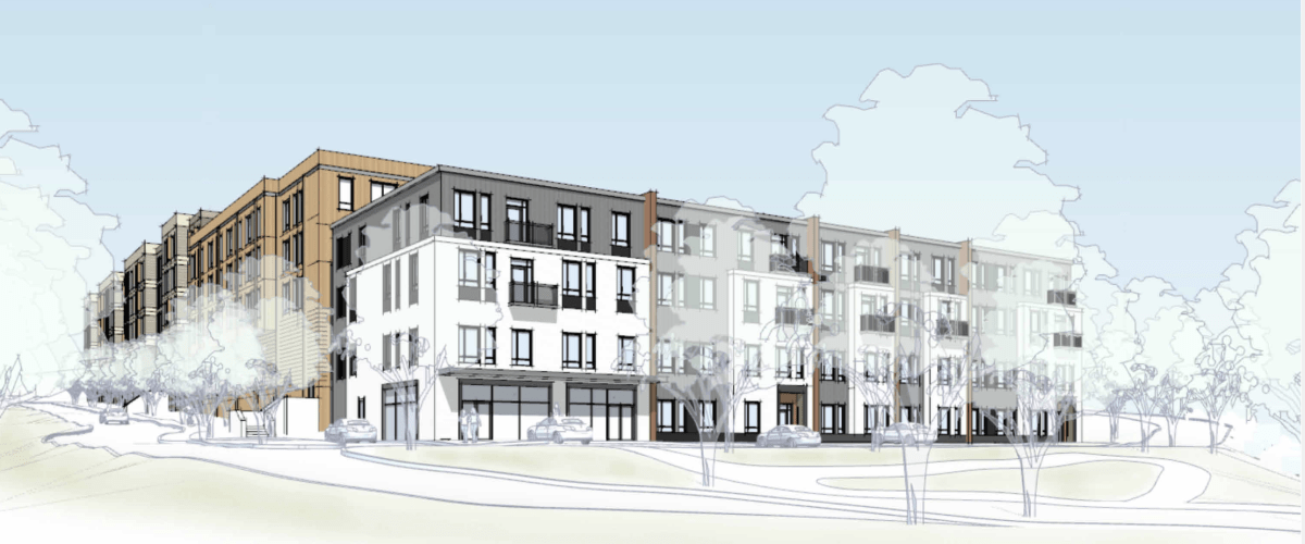 Architectural rendering of the proposed six-story mixed-use residential development at 331 Concord Avenue in Lexington, Massachusetts, showing the building façade, landscaping, and streetscape.
