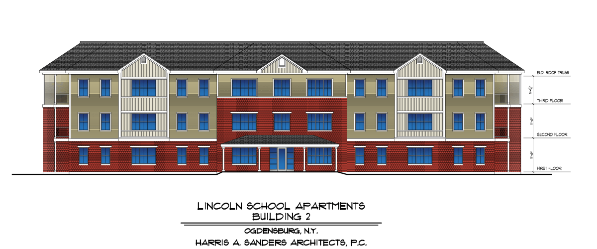 Colored architectural front elevation of Lincoln School Apartments Building 2, showing a three-story multifamily building with brick and siding façades.