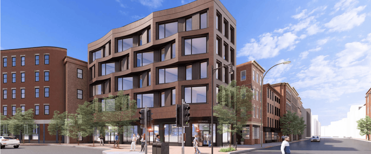 Architectural rendering of the proposed 12-unit mixed-use multifamily development at 155 Charles Street in Boston, featuring contemporary residential buildings with ground-floor commercial space and a high-performance Passive House design.