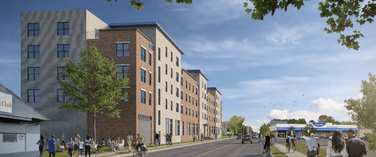 Architectural rendering of the proposed High Street mixed-income multifamily residential development in Lynn, Massachusetts, featuring two mid-rise apartment buildings with ground-floor amenities and streetscape improvements.