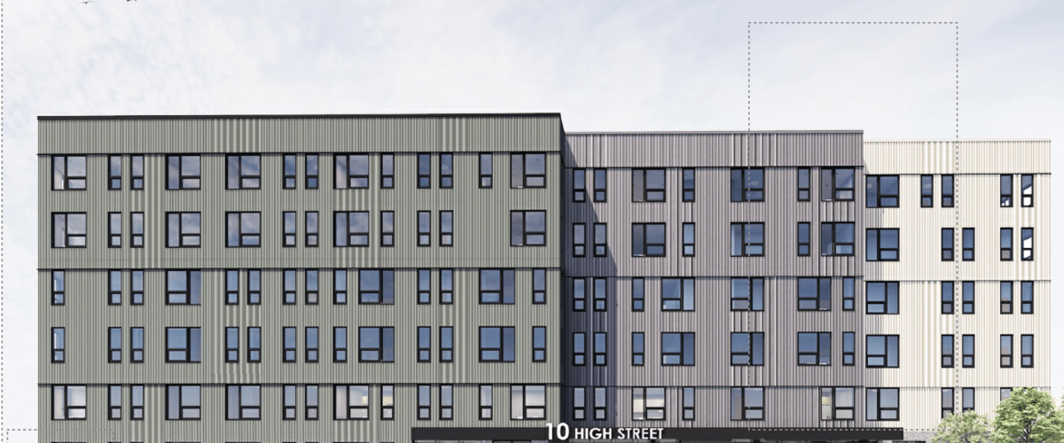 Architectural rendering of the proposed High Street multifamily residential development in Lynn, Massachusetts, showing two mid-rise apartment buildings with ground-floor commercial space and streetscape improvements.