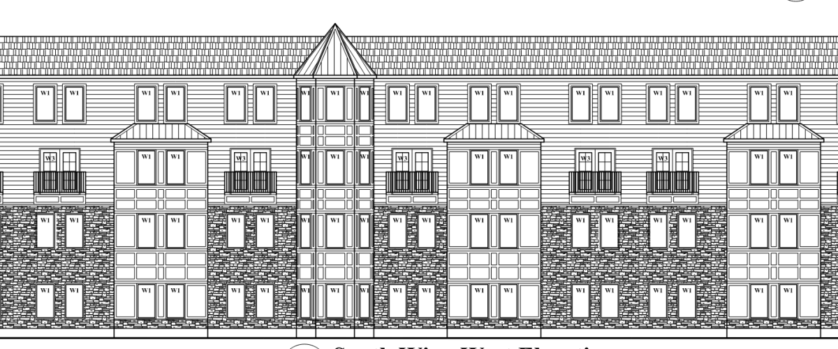 Architectural elevation of the proposed Cortlandville Commons affordable multifamily development in Cortlandville, New York.