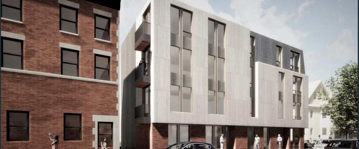 Rendering of one of the 3 proposed Welcome Home Harvard St buildings.