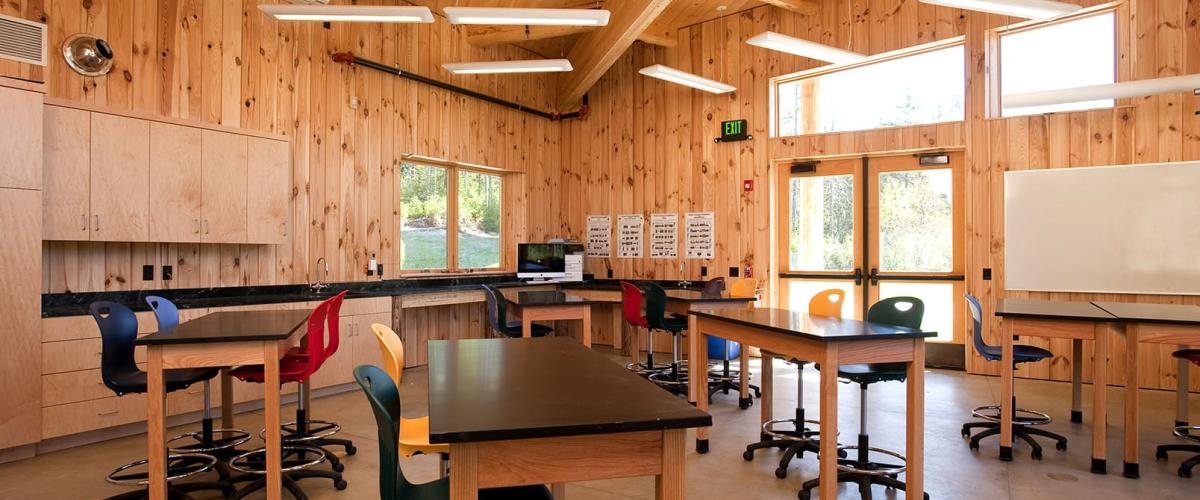 An exposed timber classroom at Burr and Burton Academy Mountain Campus
