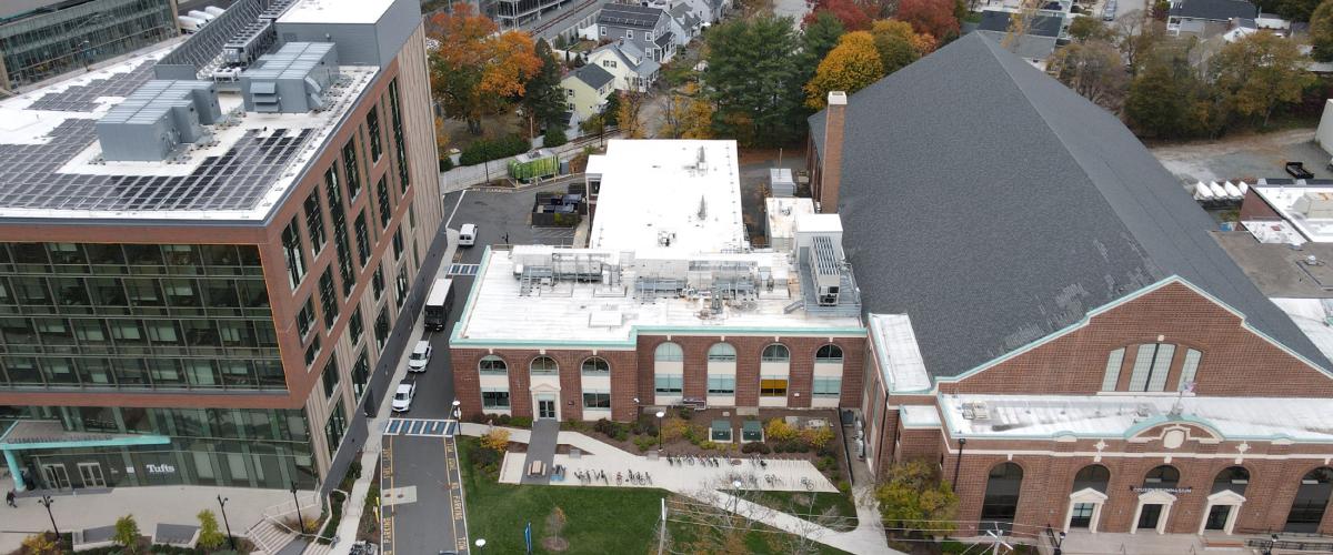Birds eye view of Tufts Halligan Hall.