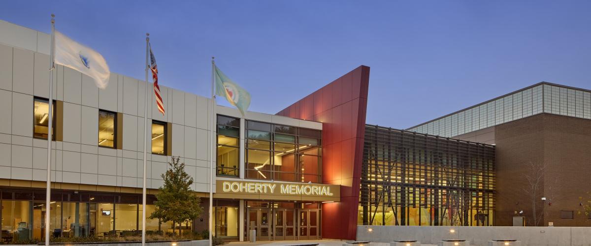 Front facing view of the completed school.