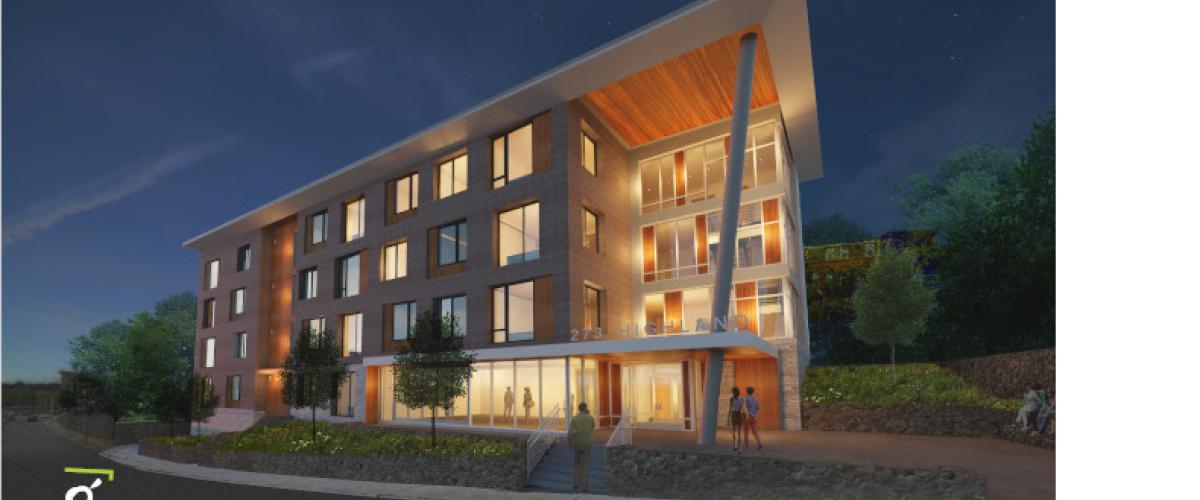 Exterior rendering of E+ Highland at night from street showing front entry.