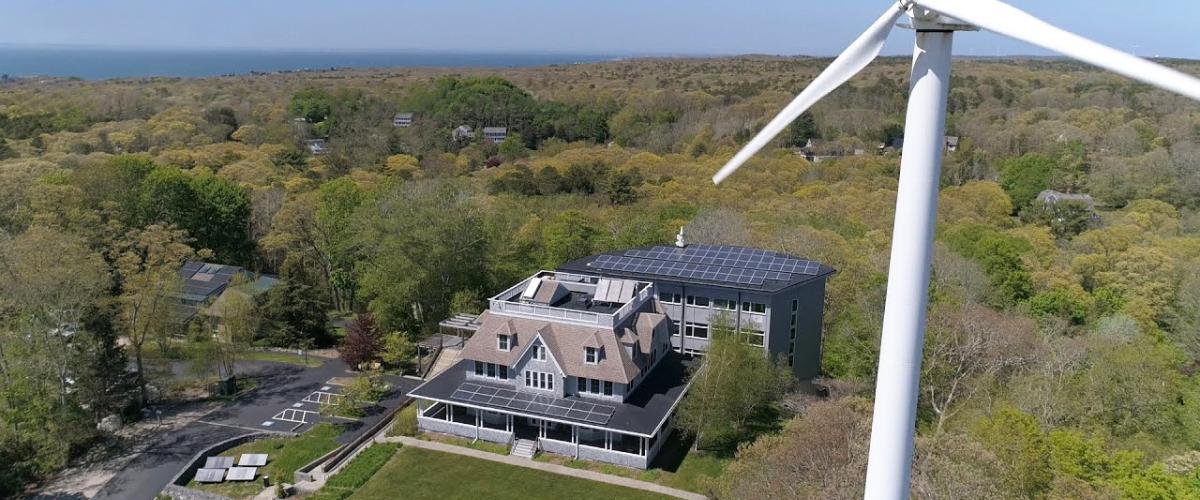 Aerial shot of Gilman Ordway research building at Woods Hole Oceanographic Institute