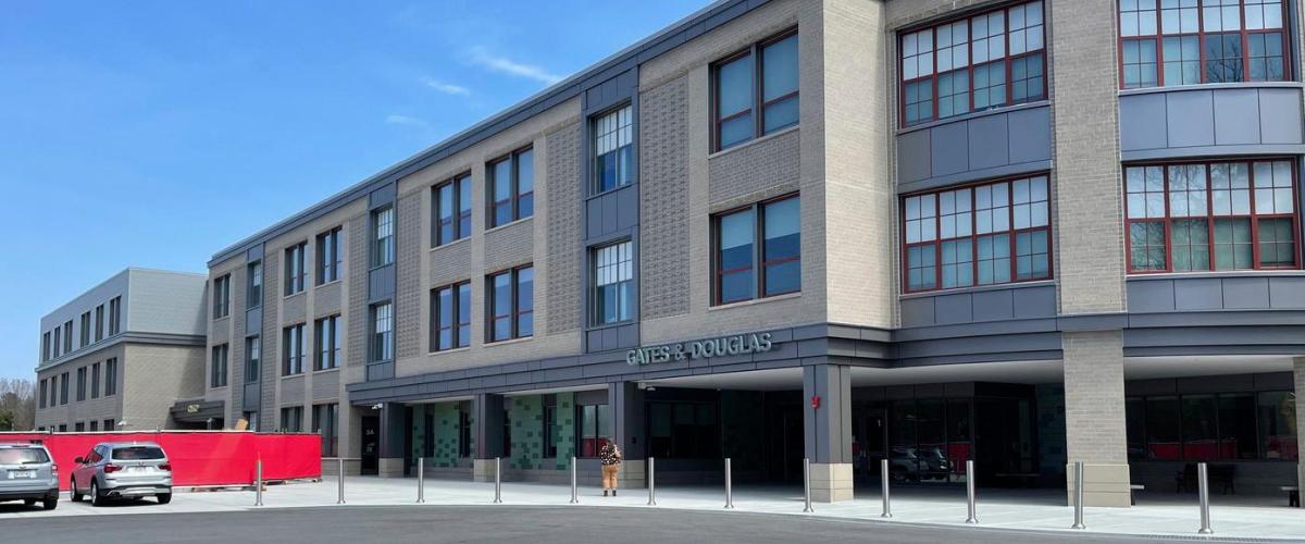  Exterior view of the Douglas & Gates Elementary School entrance in Acton, MA.