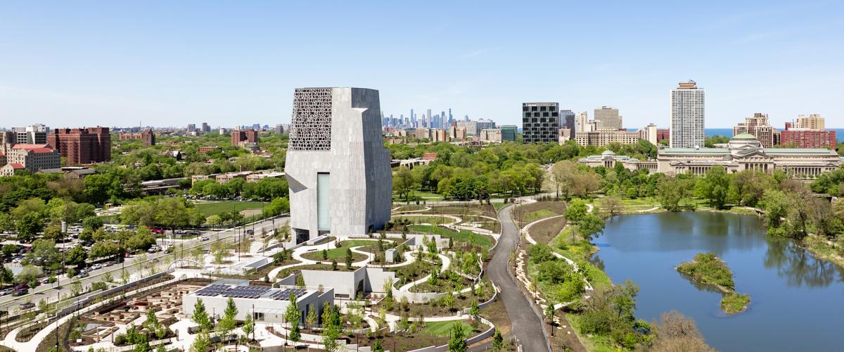 Drone shot of the Obama Center campus in Chicago.