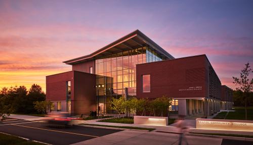Bristol Community College Sbrega Health & Science Building exterior at dusk