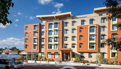 Exterior view of the 5 story residential building, Finch Cambridge