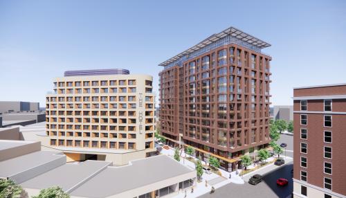 Digital rendering of the The Coolidge Hotel at Brookline on the left and The Coolidge Residences at Brookline on the right