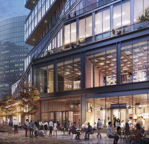 Podium and retail level of new building