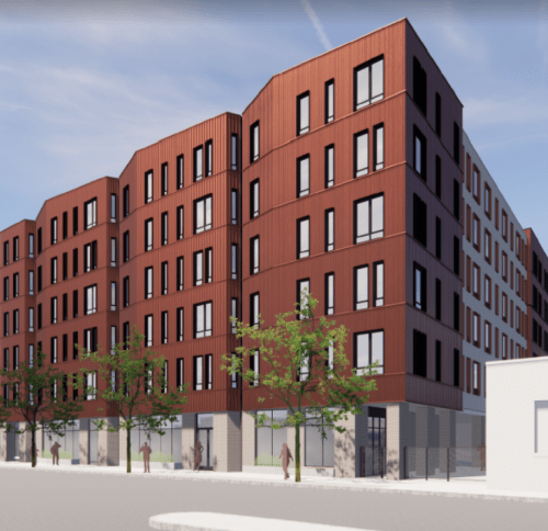 Rendering of six story residential tower