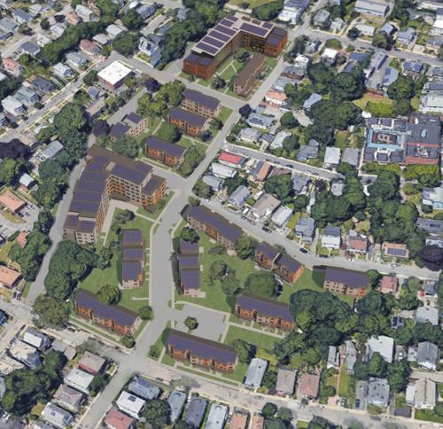 Aerial rendering of new buildings