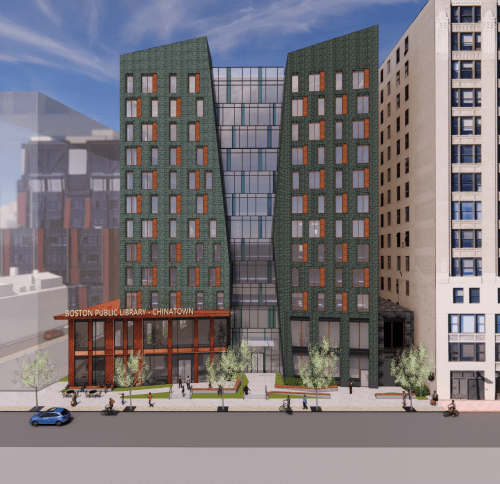 Rendering of the development at 55 Hudson Street, which will include both residential units and the Chinatown branch of the Boston public library.
